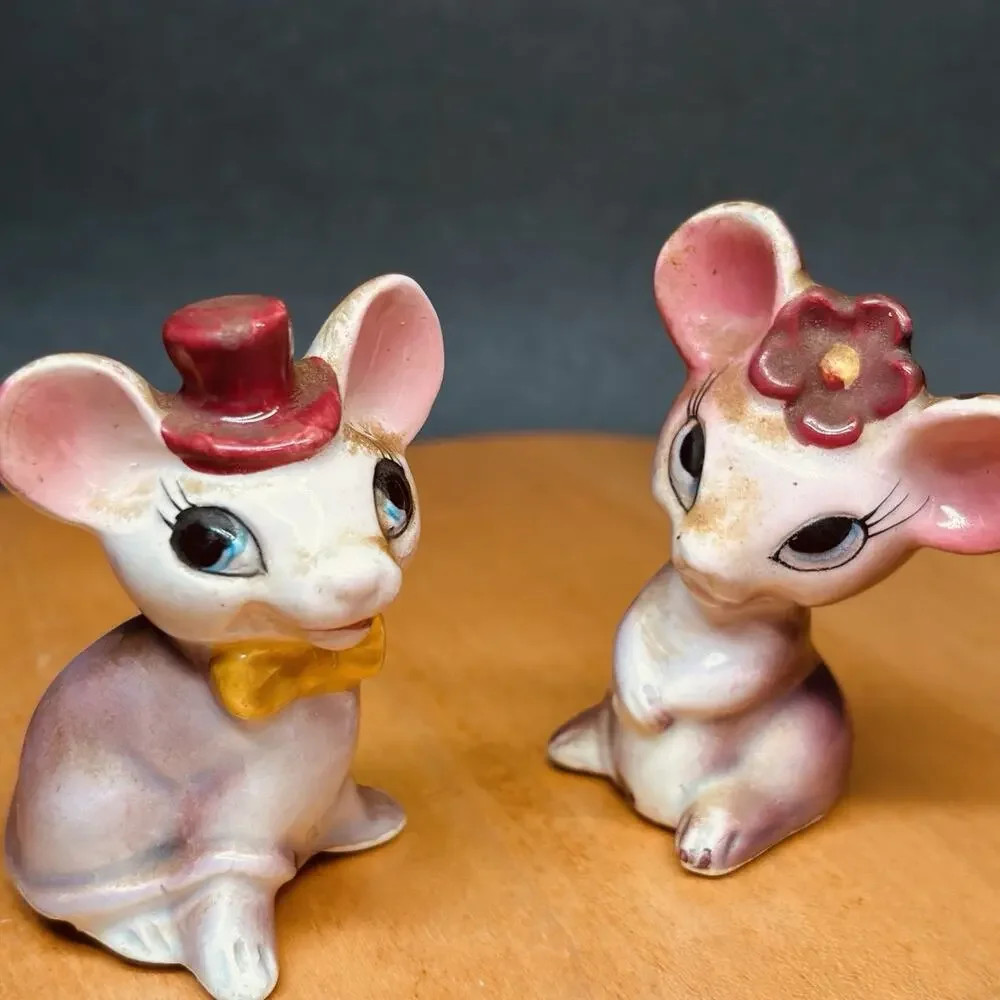 Vintage Japan Cute Animal Salt & Pepper Shakers Top Hat & Flower Foil Labels